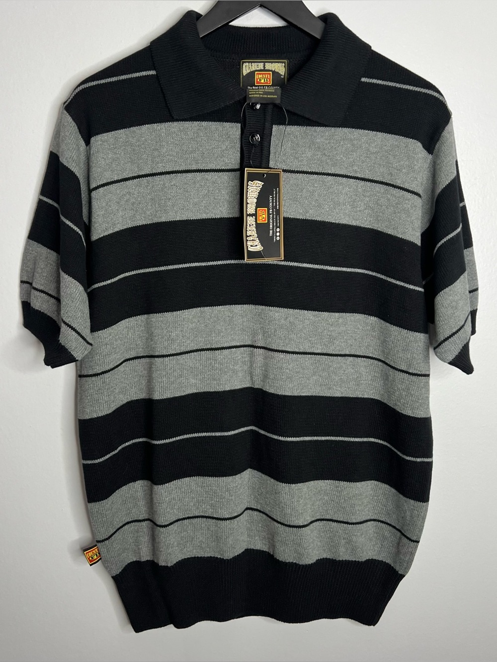 FB County Charlie Brown Striped Polo Shirt Mens Medium Black Grey Chicano NWT